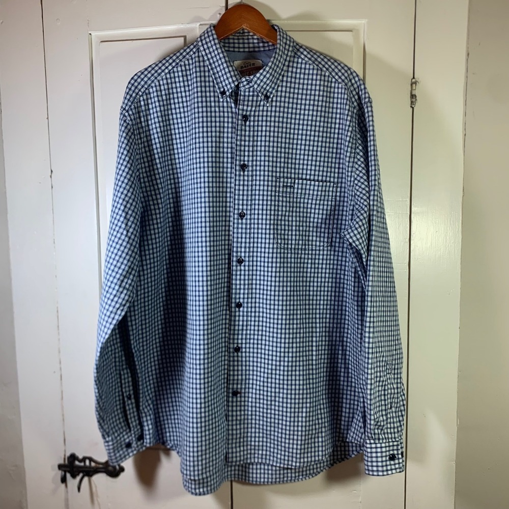 Eddie Bauer Sport Shop Mens Large Tall Blue White Check Cotton Button Down Shirt